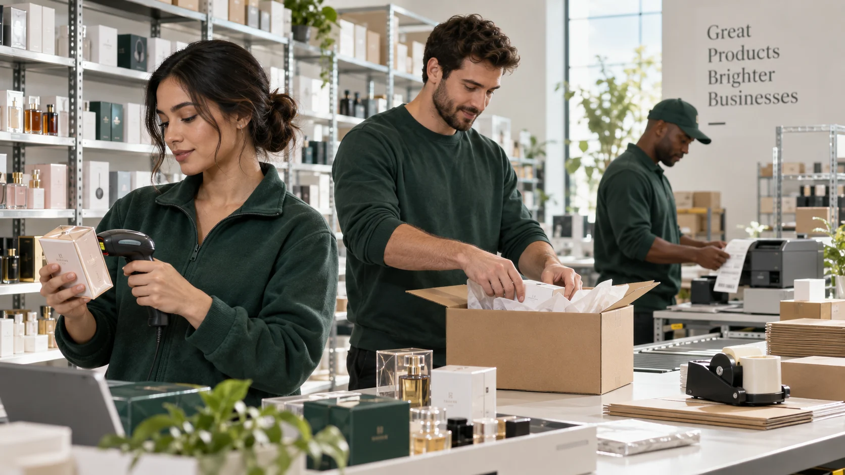 Illustration of a warehouse team scanning, packing and preparing parcels